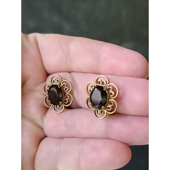12K Gold Filled Winard Oval Cut Smoky Quartz Floral Clip-On Earrings Vintage - Picture 3 of 10